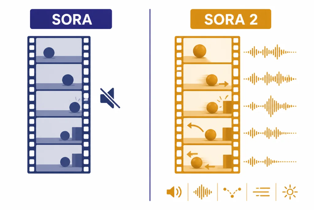 Split comparison with clip strip labeled SORA and enhanced clip strip labeled SORA 2 with waveform.