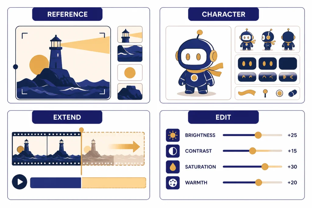 Four workflow tiles labeled REFERENCE, CHARACTER, EXTEND, and EDIT.