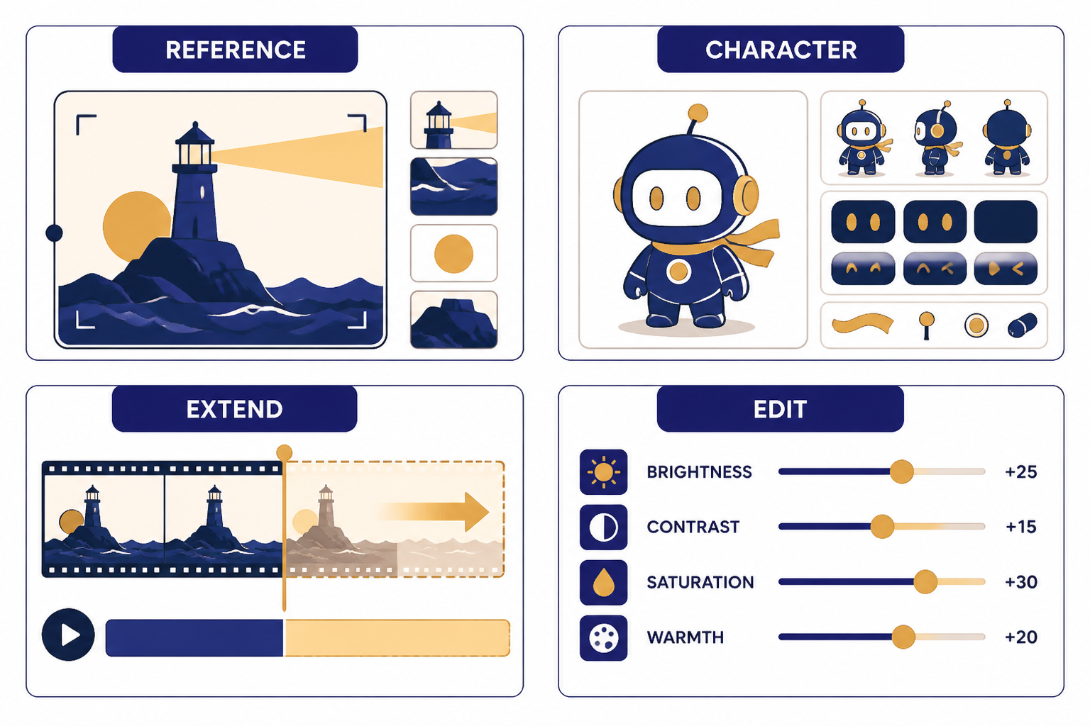 Sora Asset Workflows Four workflow tiles labeled REFERENCE, CHARACTER, EXTEND, and EDIT.