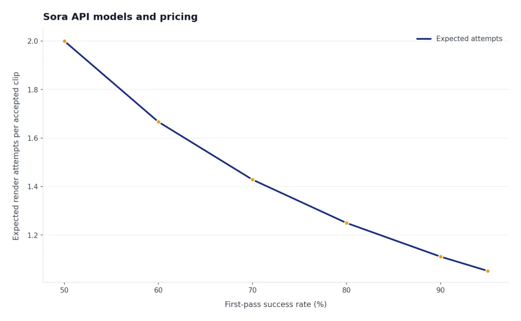 Line chart where expected attempts fall from 2.0 at 50% first-pass success to 1.05 at 95%.