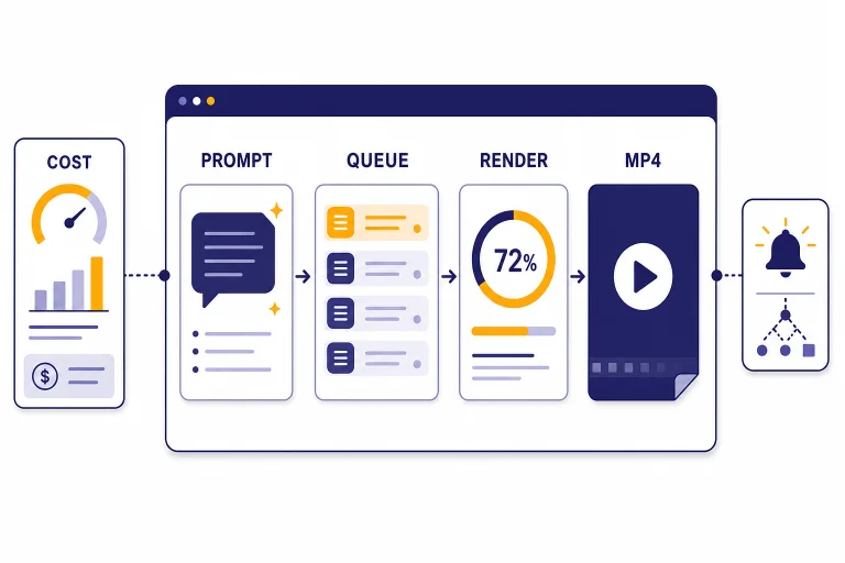 Video render pipeline dashboard labeled PROMPT, QUEUE, RENDER, MP4, and COST.