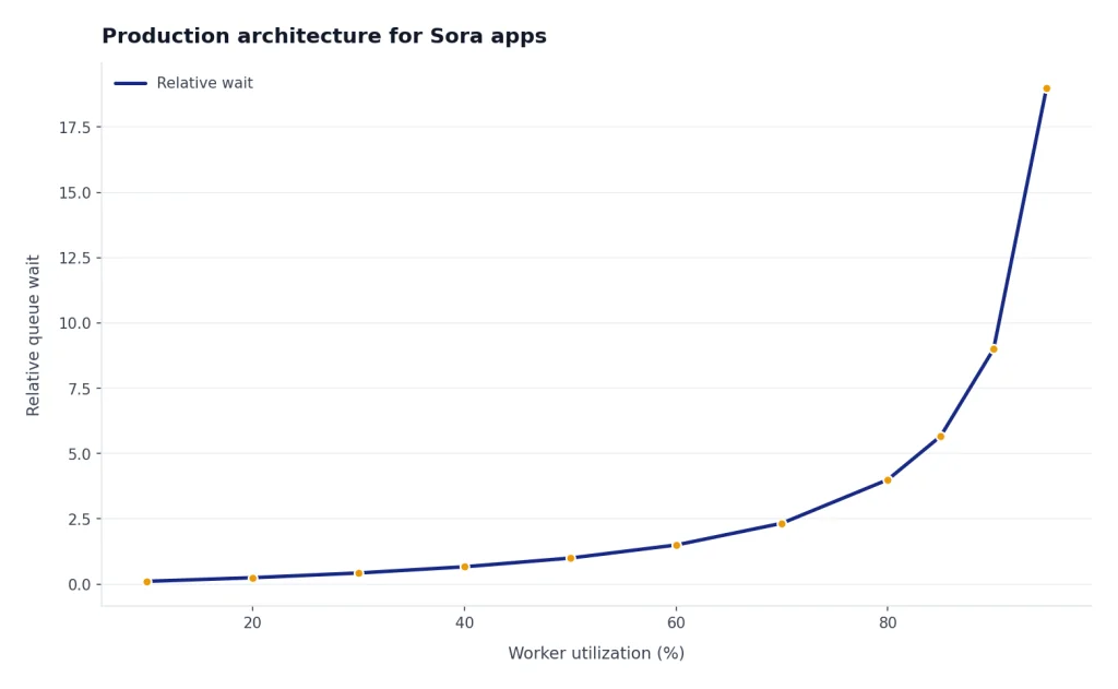 Line chart where relative queue wait rises slowly to 80% utilization, then spikes near 95%.