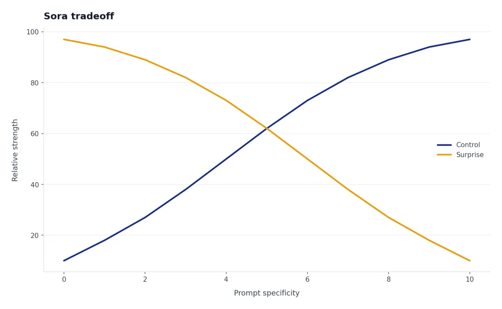 Line chart with Control rising and Surprise falling as prompt specificity increases from 0 to 10.