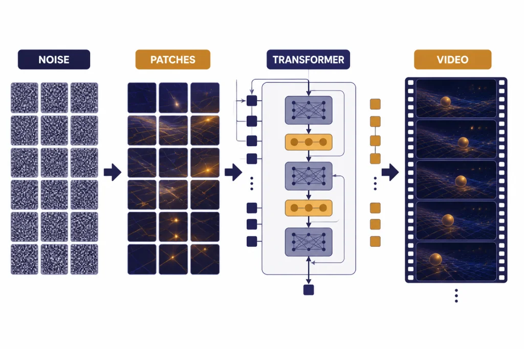 Pipeline from NOISE to PATCHES to TRANSFORMER to VIDEO, shown as tiles becoming video frames.