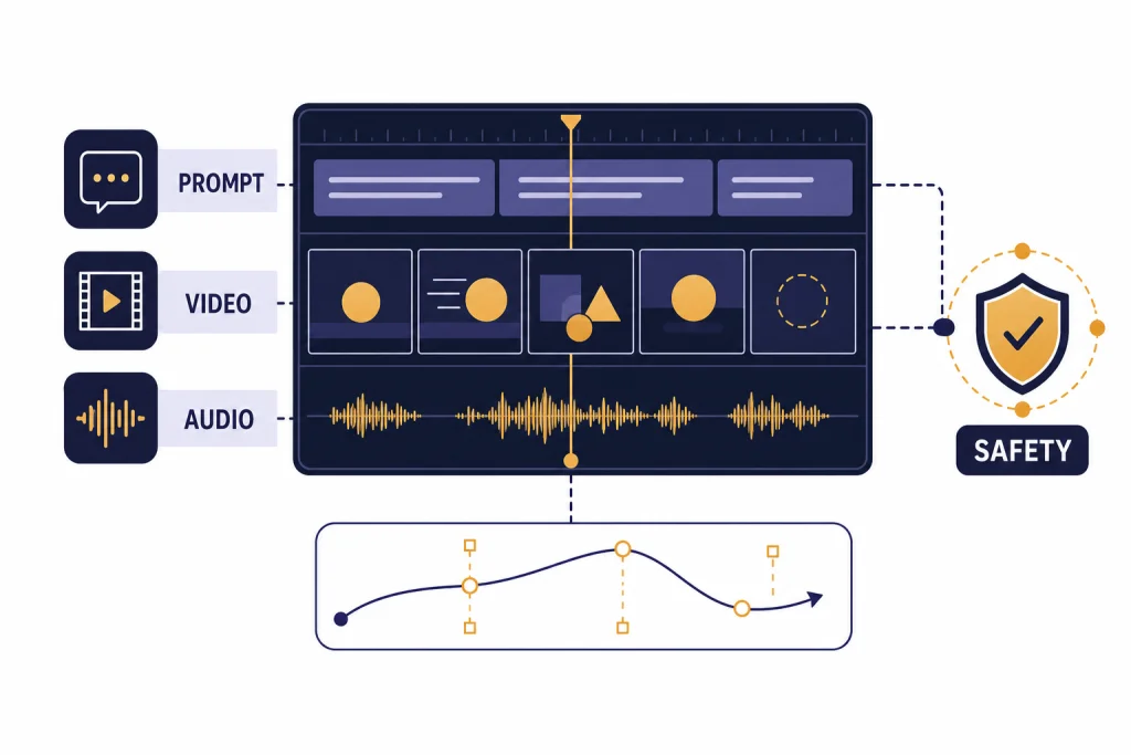 Sora Video Model Overview Video timeline panel with tracks labeled PROMPT, VIDEO, AUDIO, and SAFETY beside a shield and motion curve.