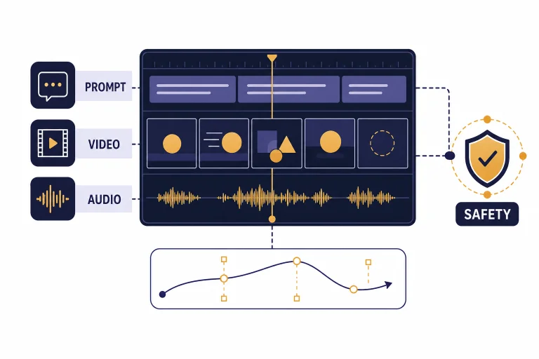 Video timeline panel with tracks labeled PROMPT, VIDEO, AUDIO, and SAFETY beside a shield and motion curve.