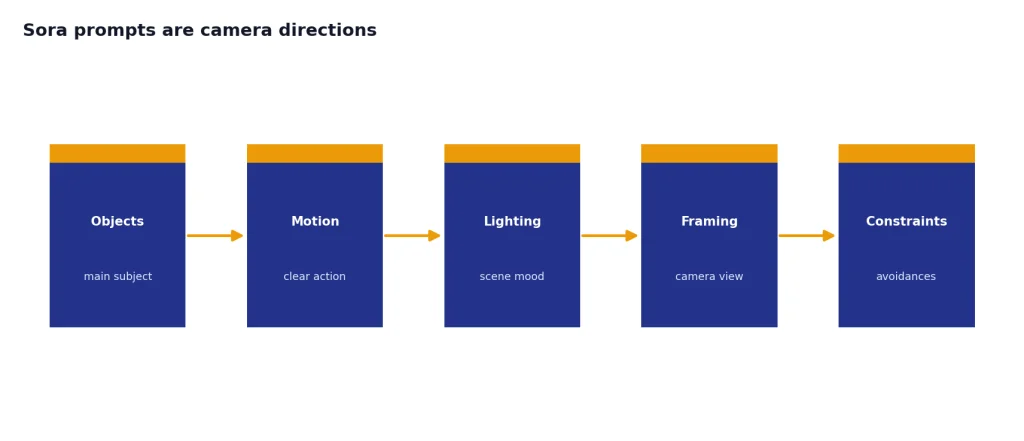 Process with 5 stages labeled Objects, Motion, Lighting, Framing, Constraints for prompt anatomy.