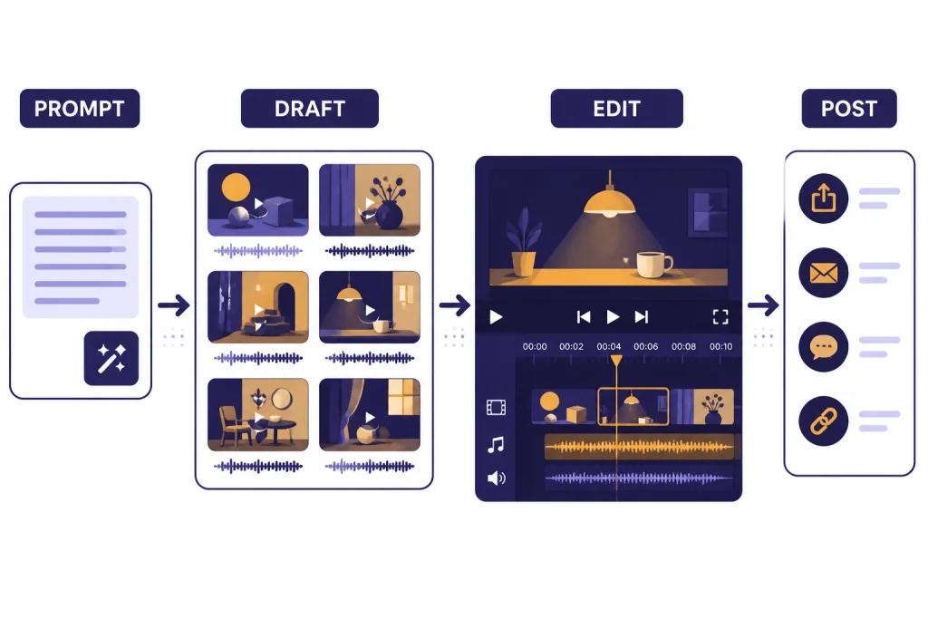 Workflow from PROMPT to DRAFT clip grid to EDIT timeline to POST tray, with audio waveforms.