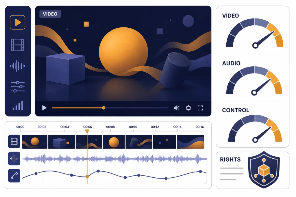 Sora Review Dashboard Review dashboard with video frame, timeline, gauges labeled VIDEO, AUDIO, CONTROL, and RIGHTS.