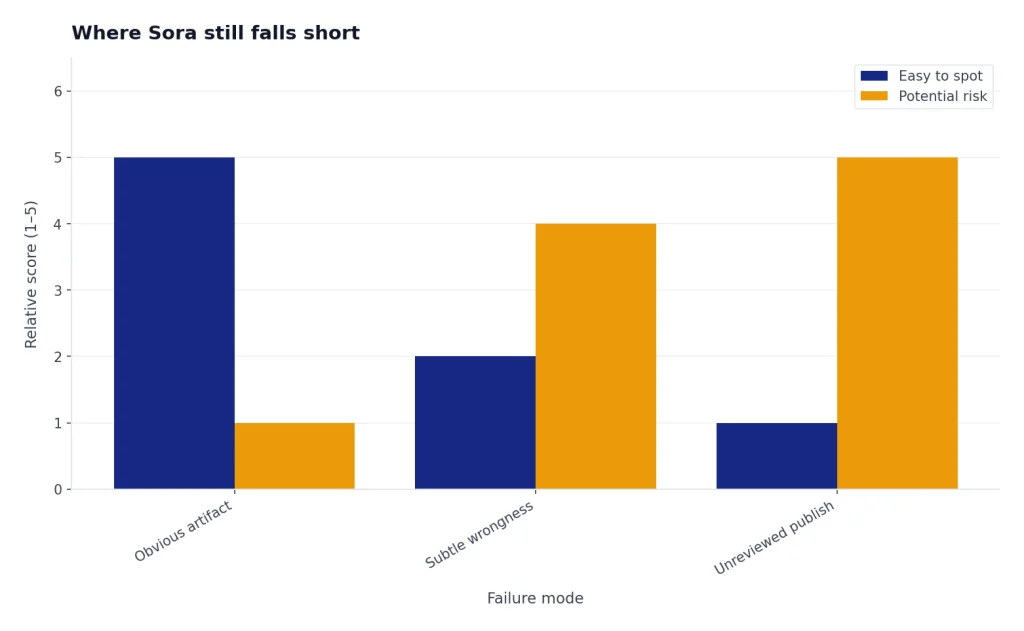 Grouped bars compare Obvious artifact, Subtle wrongness, Unreviewed publish: easy to spot 5,2,1; risk 1,4,5.