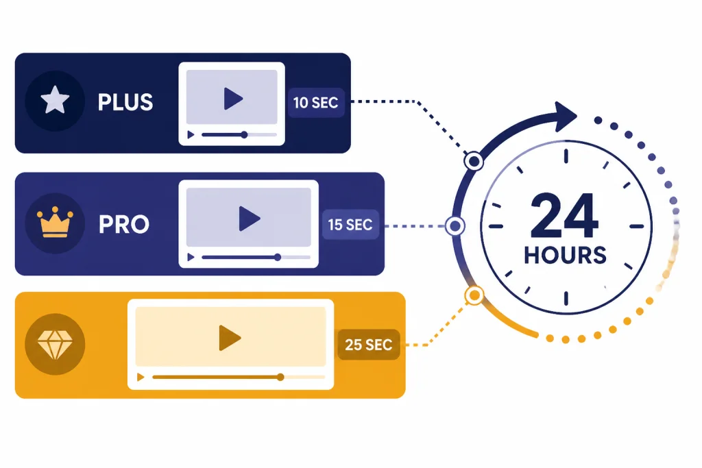 Sora Usage Limits Tier cards labeled PLUS and PRO beside a 24 HOURS clock and video tiles labeled 10 SEC, 15 SEC, 25 SEC.