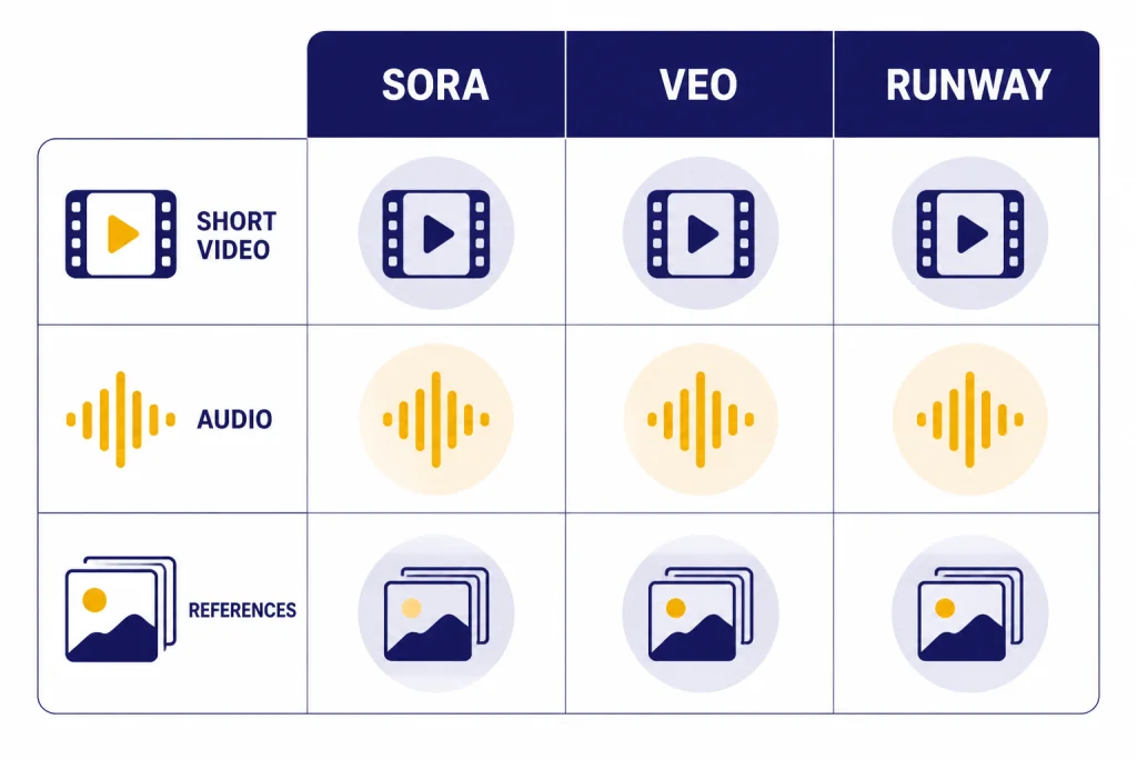Comparison matrix with columns labeled SORA, VEO, RUNWAY and icons for AUDIO and REFERENCES.