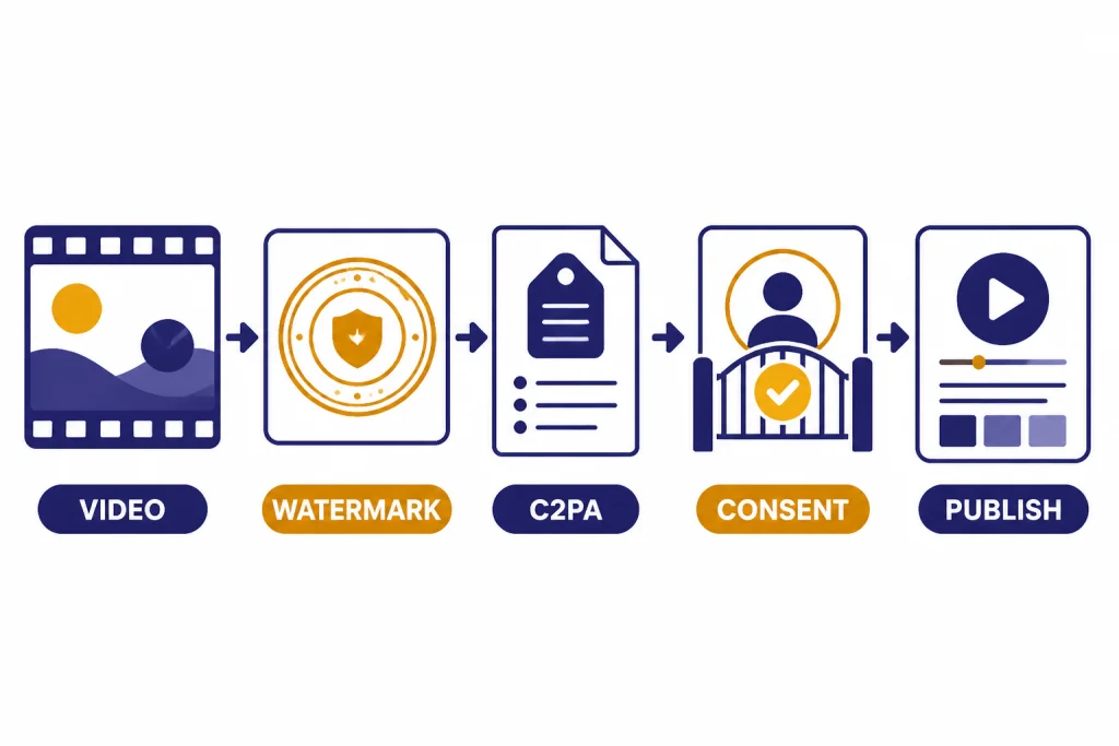 Safety flow with VIDEO passing through WATERMARK, C2PA, CONSENT, and PUBLISH gates.