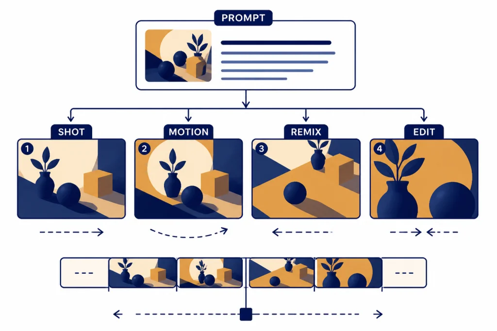 Prompt card leading to storyboard frames labeled SHOT, MOTION, REMIX, and EDIT.