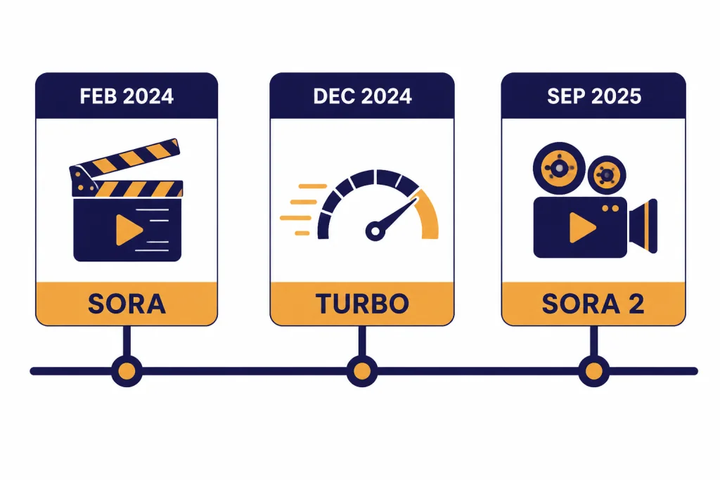 Timeline cards labeled FEB 2024 SORA, DEC 2024 TURBO, and SEP 2025 SORA 2.