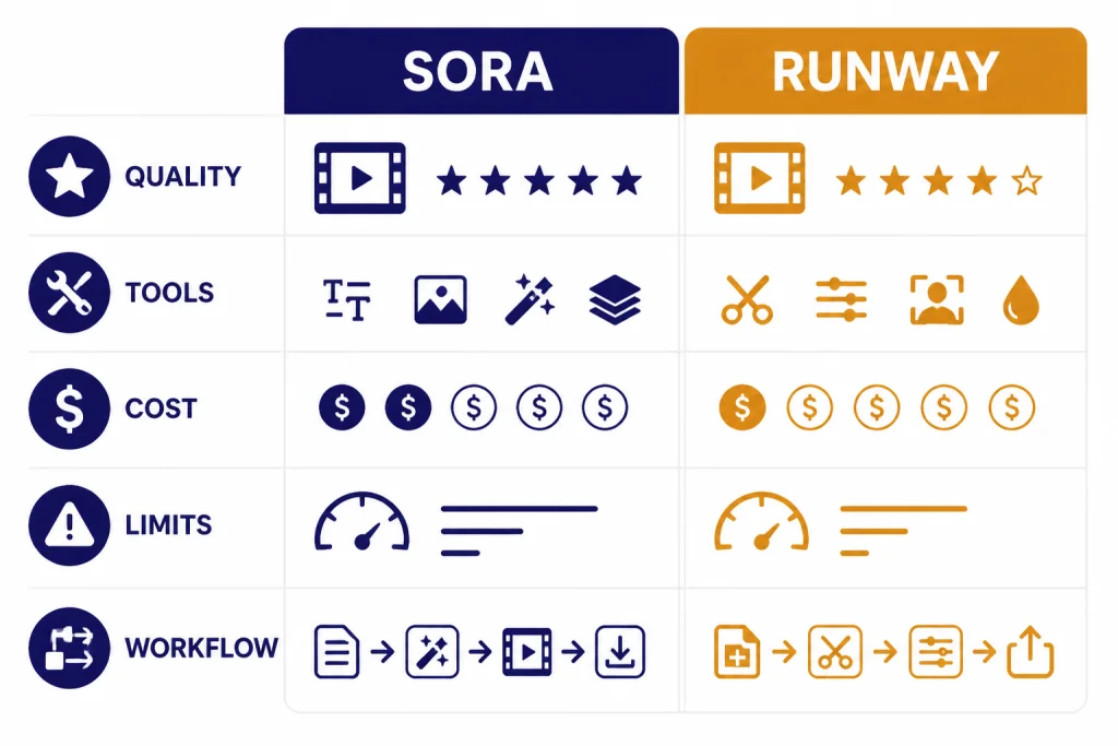 Comparison board labeled SORA and RUNWAY with rows labeled QUALITY, TOOLS, COST, and LIMITS.