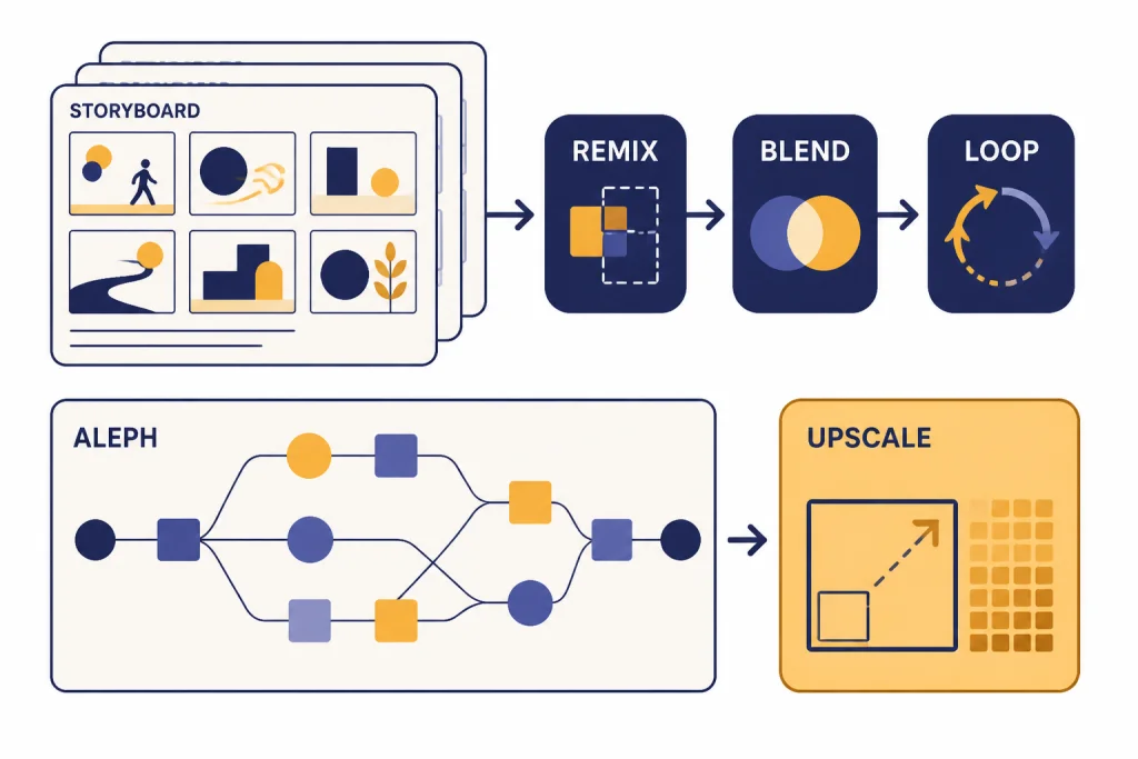 Editor Workflow Pipelines Two editing pipelines with labels STORYBOARD, REMIX, BLEND, LOOP, ALEPH, and UPSCALE.