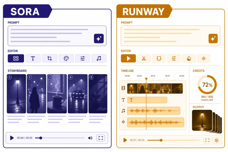 Split dashboard labeled SORA and RUNWAY with prompt box, timeline, output frames, and credits gauge.