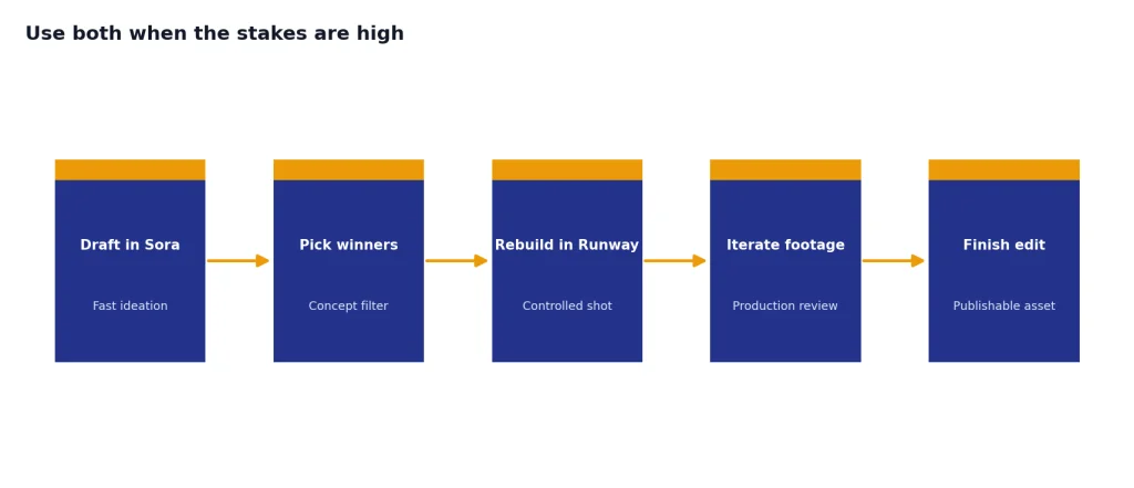Process with 5 stages: Draft in Sora, Pick winners, Rebuild in Runway, Iterate footage, Finish edit.