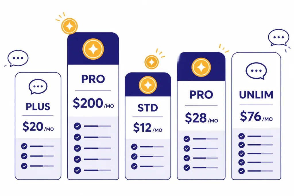 Five pricing cards labeled PLUS $20/MO, PRO $200/MO, STD $12/MO, PRO $28/MO, and UNLIM $76/MO.