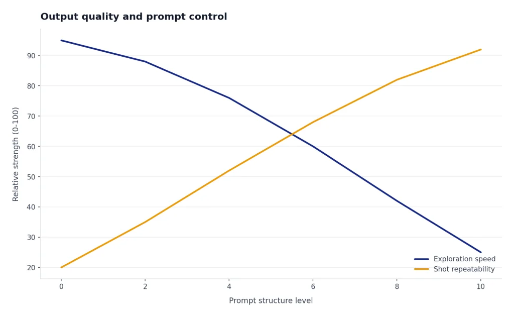 Line chart over prompt structure 0 to 10; exploration speed falls while shot repeatability rises.