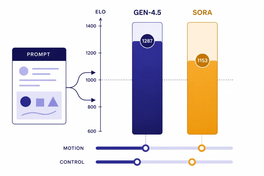 Benchmark panel with bars labeled GEN-4.5 and SORA, an ELO axis, and MOTION and CONTROL sliders.