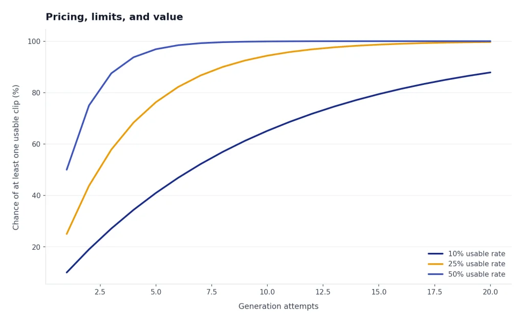 Line chart of 1 to 20 attempts; 10%, 25%, and 50% usable rates climb toward one usable clip.