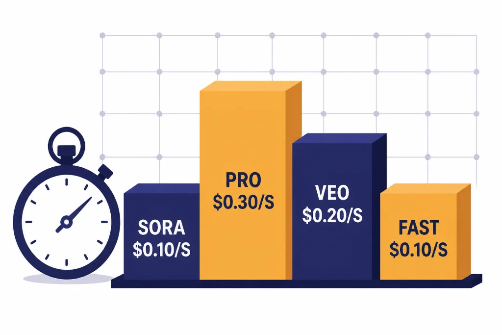 API Price Ladder Stepped API price bars labeled SORA $0.10/S, PRO $0.30/S, VEO $0.20/S, and FAST $0.10/S.