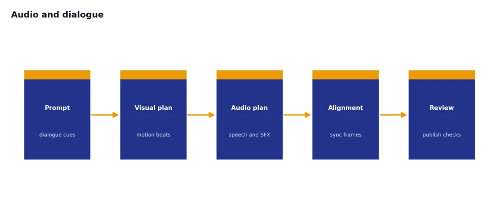 Process with 5 stages: Prompt, Visual plan, Audio plan, Alignment, Review for synchronized video audio.