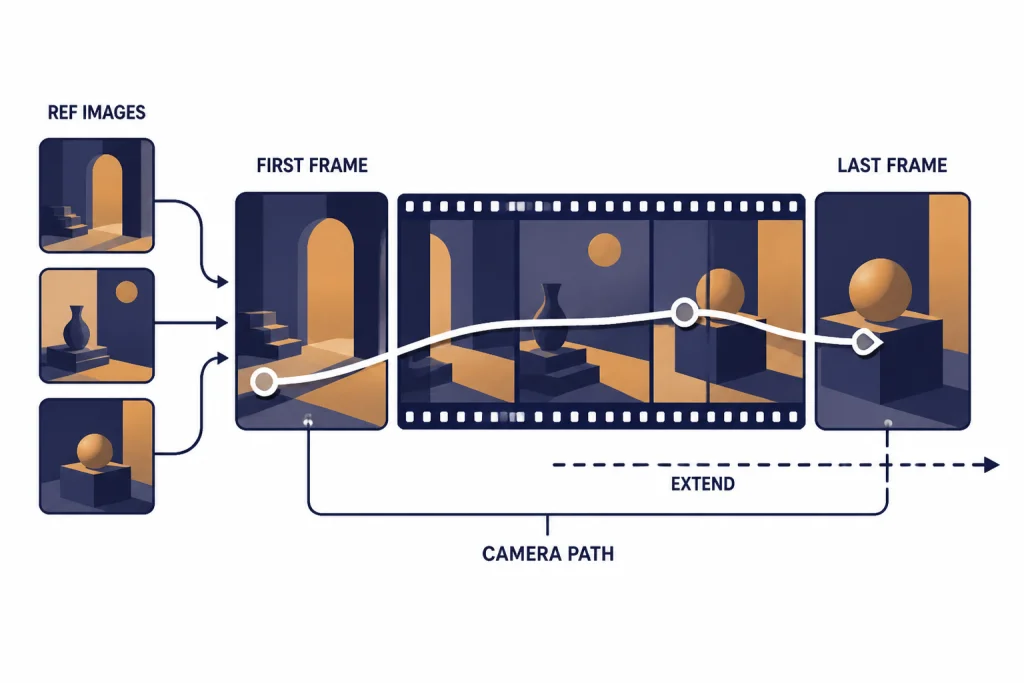 Reference Control Timeline Storyboard timeline labeled REF IMAGES, FIRST FRAME, LAST FRAME, CAMERA PATH, and EXTEND.