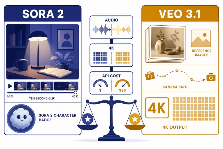 Split dashboard cards labeled SORA 2 and VEO 3.1 with AUDIO, 4K, and API COST indicators.
