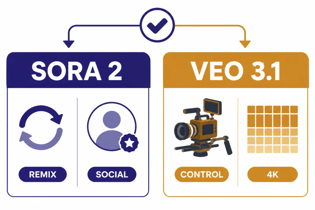 Decision matrix labeled SORA 2 and VEO 3.1 with SOCIAL, REMIX, CONTROL, and 4K icons.