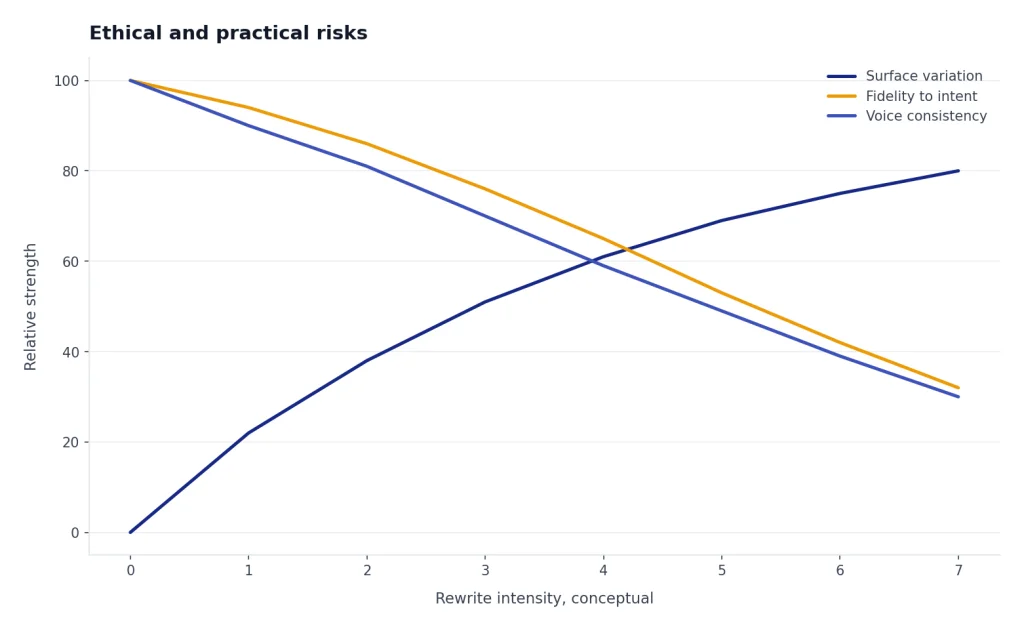 Line chart where surface variation rises while fidelity to intent and voice consistency fall as rewrite intensity increases.