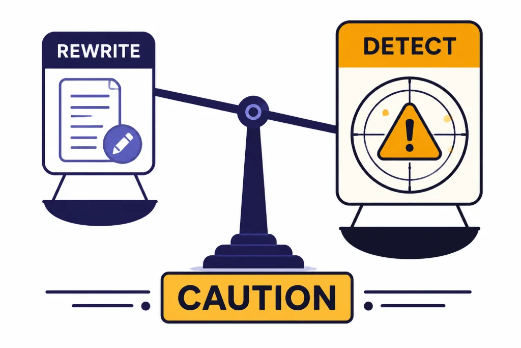 Verdict scale with panels labeled REWRITE and DETECT, tilted toward CAUTION.