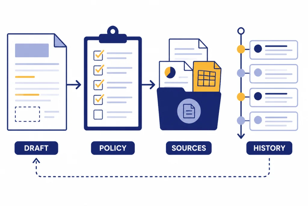 Writing workflow with boxes labeled DRAFT, POLICY, SOURCES, and HISTORY connected by arrows.