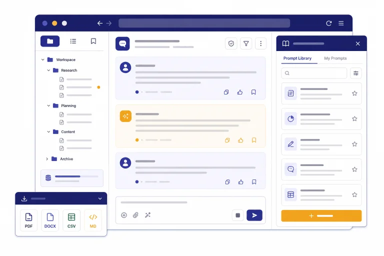 Browser workspace with folder tree, chat cards, prompt library drawer, and export tray.