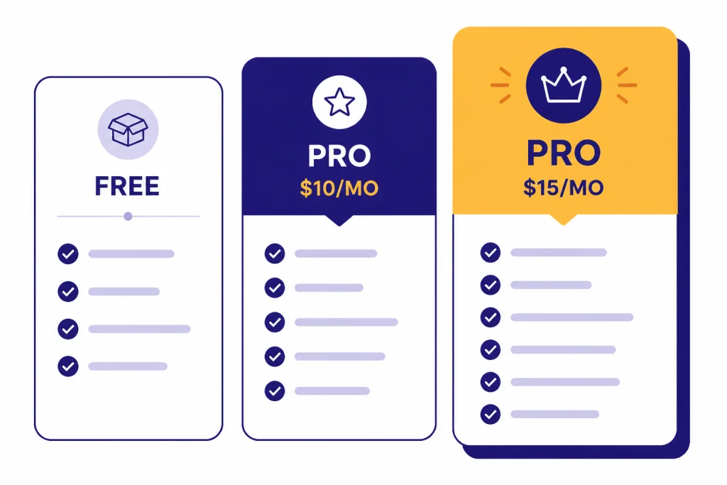 Superpower Pricing Cards Three pricing cards labeled FREE, PRO $10/MO, and PRO $15/MO.