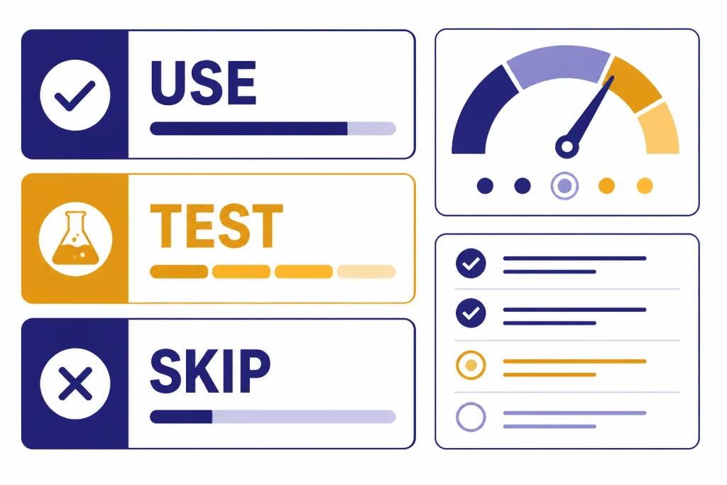 Verdict dashboard with panels labeled USE, TEST, and SKIP plus a middle-high gauge.