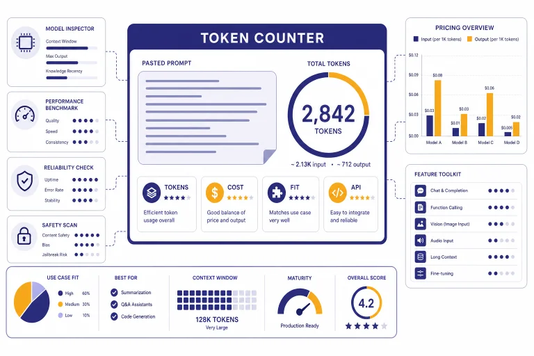 Token counter dashboard with chips labeled TOKENS, COST, FIT, and API beside tool cards and a pricing chart.