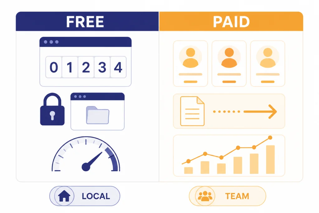 Comparison board with FREE and PAID columns plus LOCAL and TEAM tags for token counter tools.