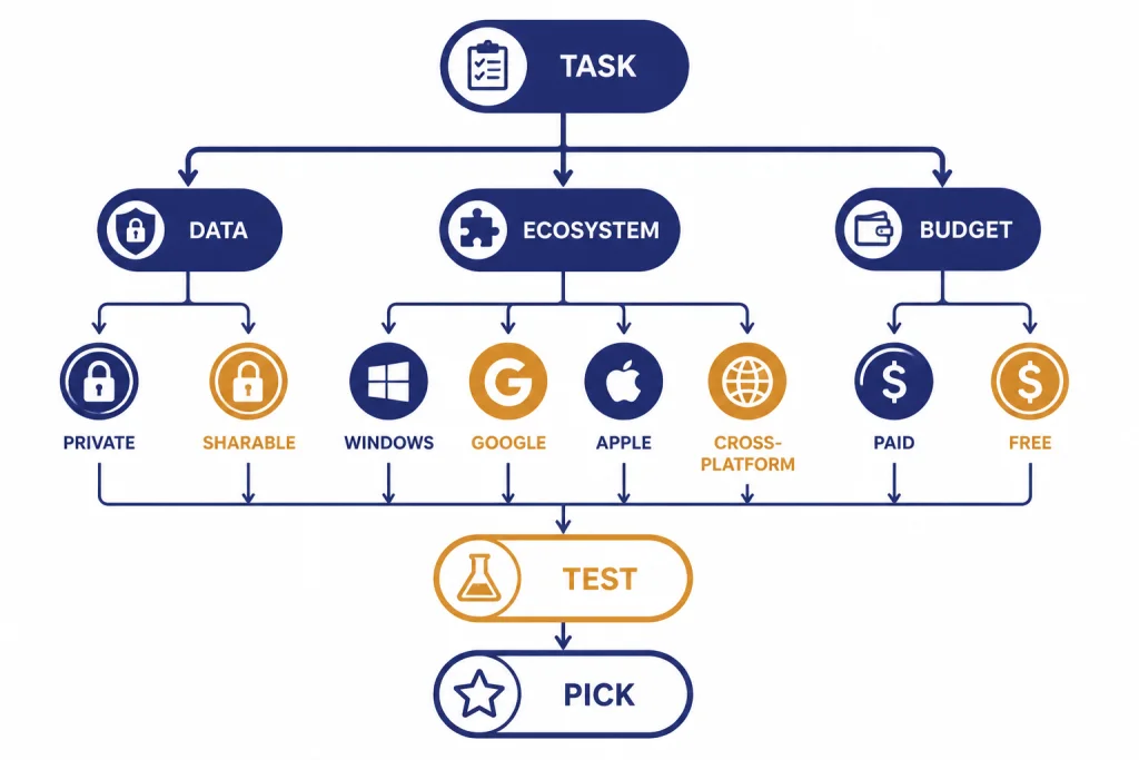 Decision tree with nodes labeled TASK, DATA, ECOSYSTEM, BUDGET, TEST, PICK.
