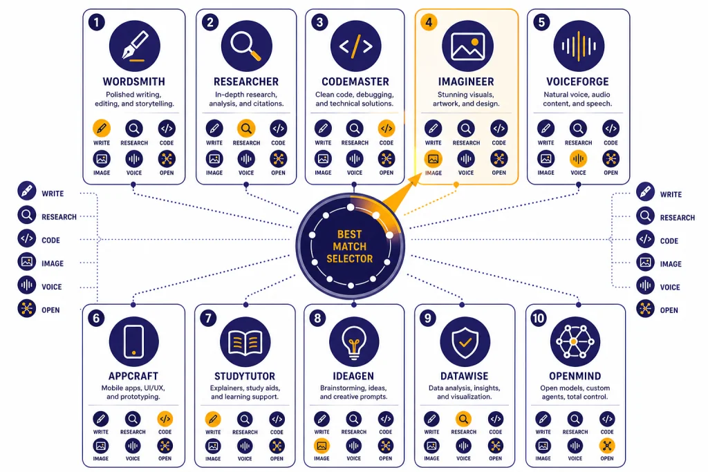 ChatGPT Alternatives Dashboard Dashboard with ten assistant cards and task icons labeled WRITE, CODE, RESEARCH, IMAGE, VOICE, OPEN.