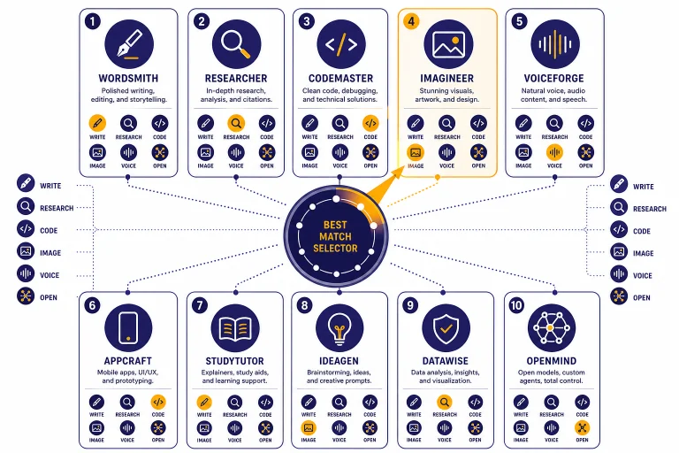 Dashboard with ten assistant cards and task icons labeled WRITE, CODE, RESEARCH, IMAGE, VOICE, OPEN.