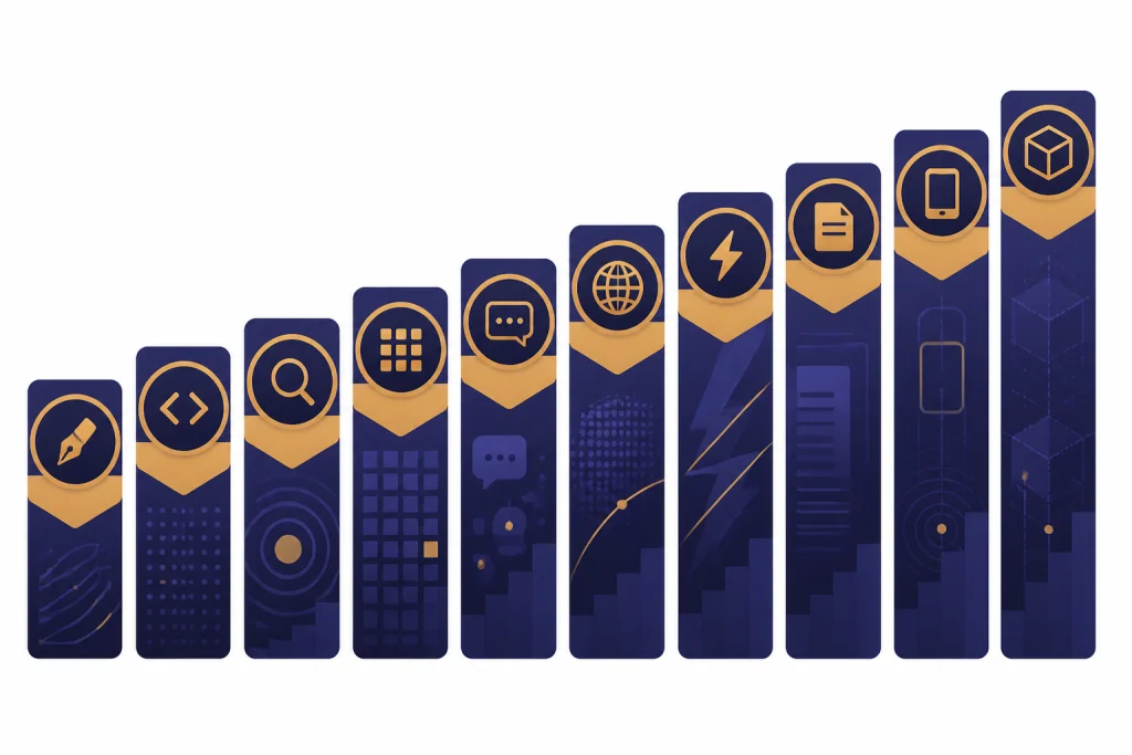 Ten ranked assistant cards with icons for writing, code, research, models, voice, web, files, phone, and open models.