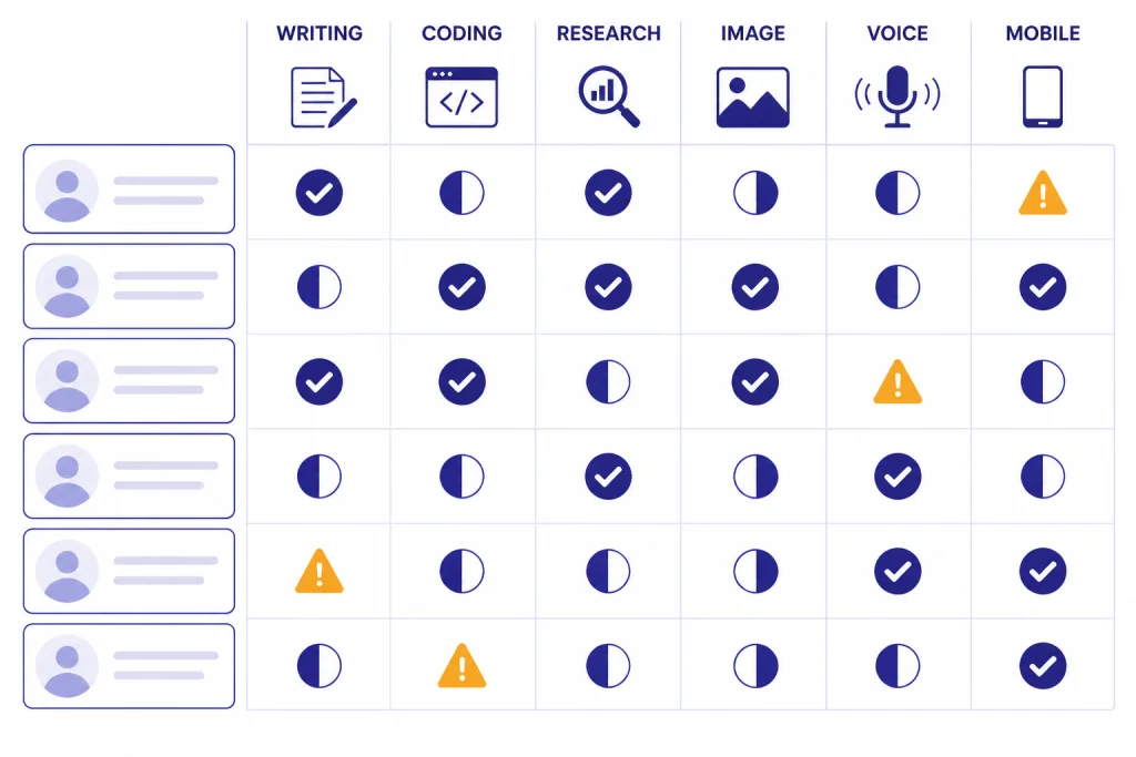 Ranking Criteria Matrix Scoring matrix with columns labeled WRITING, CODING, RESEARCH, IMAGE, VOICE, MOBILE.