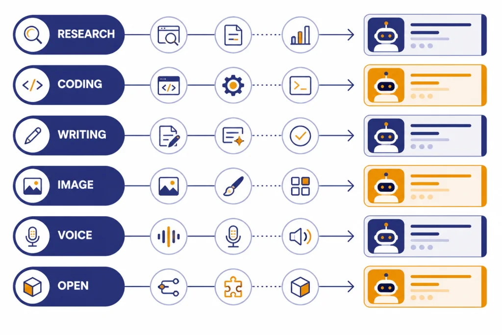 Six use-case lanes labeled RESEARCH, CODING, WRITING, IMAGE, VOICE, OPEN feeding into tool cards.