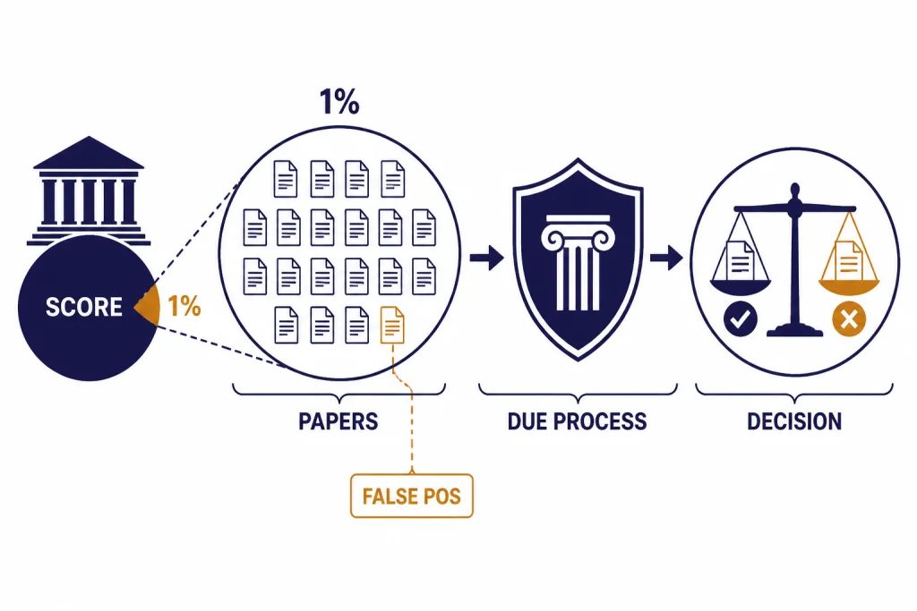 False Positive Scale Scale diagram with labels 1%, PAPERS, FALSE POS, and DUE PROCESS beside many paper icons.