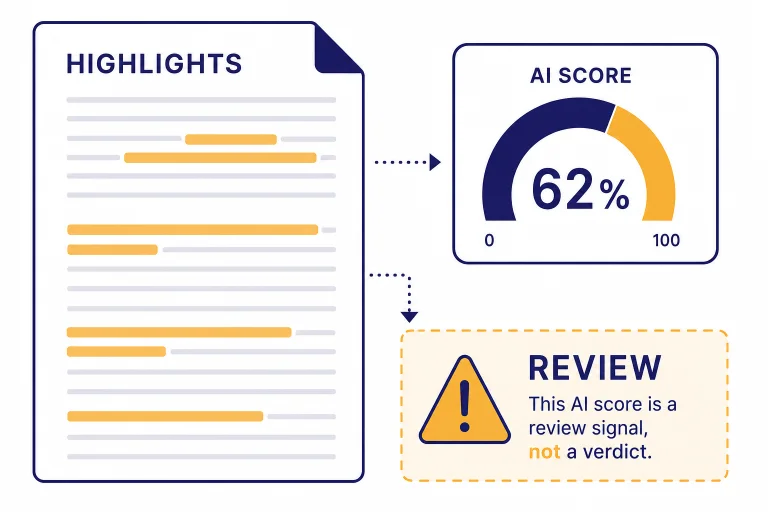 Document panel with highlighted lines, a gauge labeled AI SCORE, and labels HIGHLIGHTS and REVIEW.