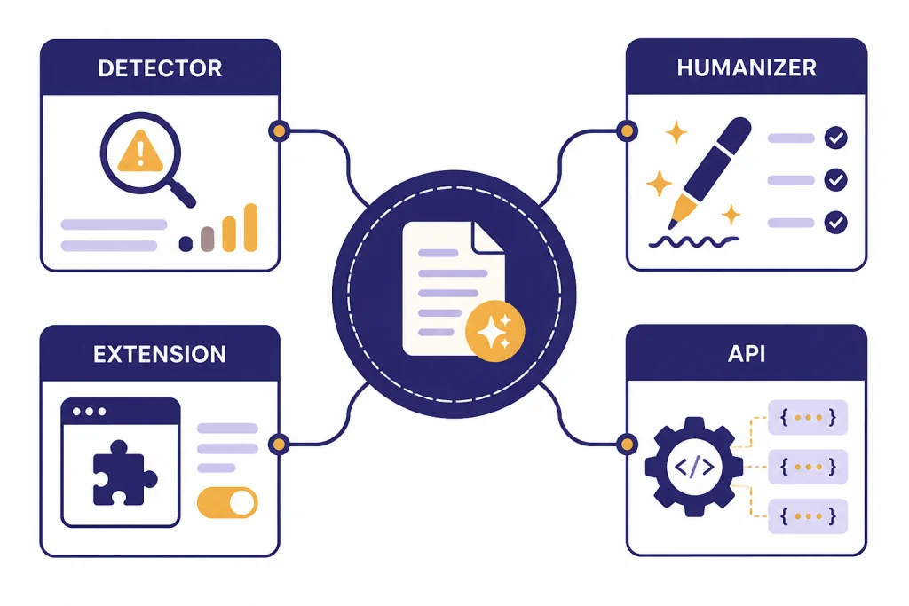 Undetectable AI Feature Map Product map with central hub connected to cards labeled DETECTOR, HUMANIZER, EXTENSION, and API.