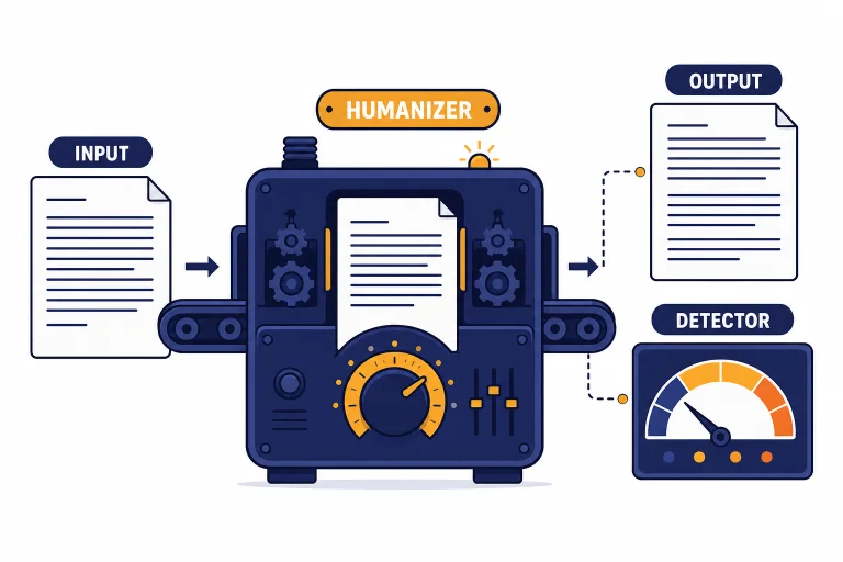 Document flows through a humanizer machine to output and detector panels labeled INPUT, HUMANIZER, OUTPUT, DETECTOR.